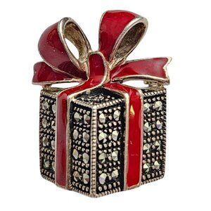 Sterling Silver Red Enamel Bow Marcasite Gift Brooch, Pretty Present Pin C962